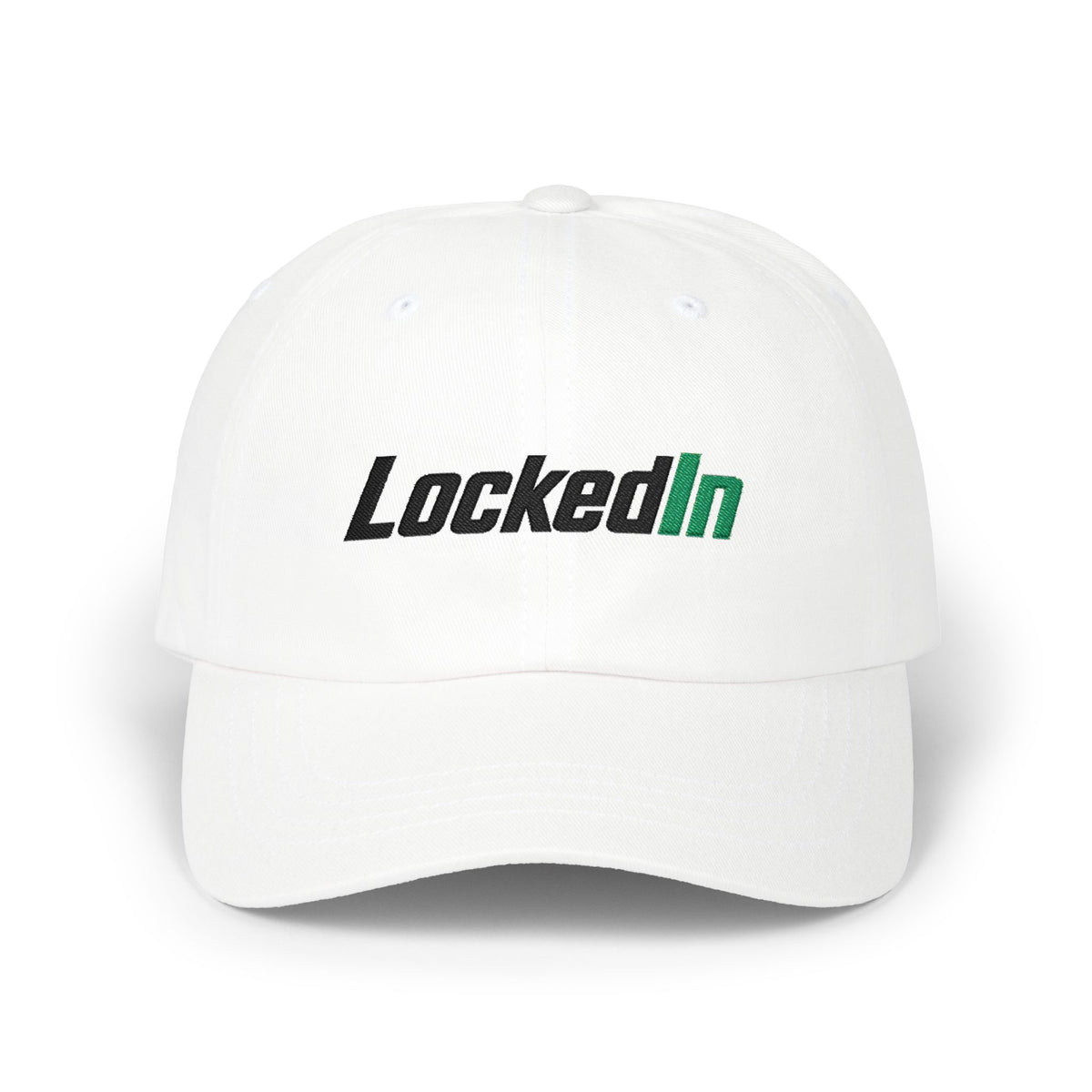 "LockedIn" White Classic Embroidered NO LMTS Cap
